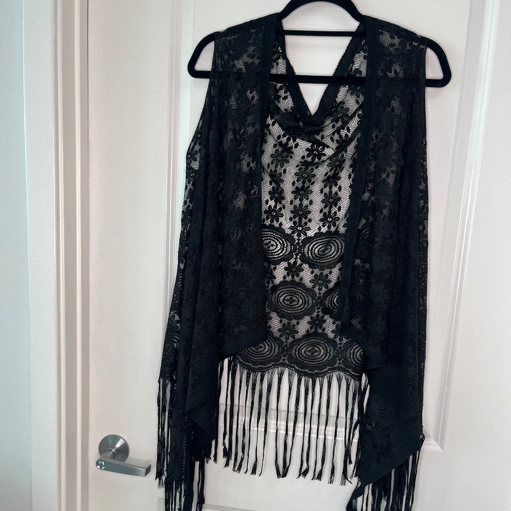 Black Sheer Lace Fringe Vest Boho Festival Style